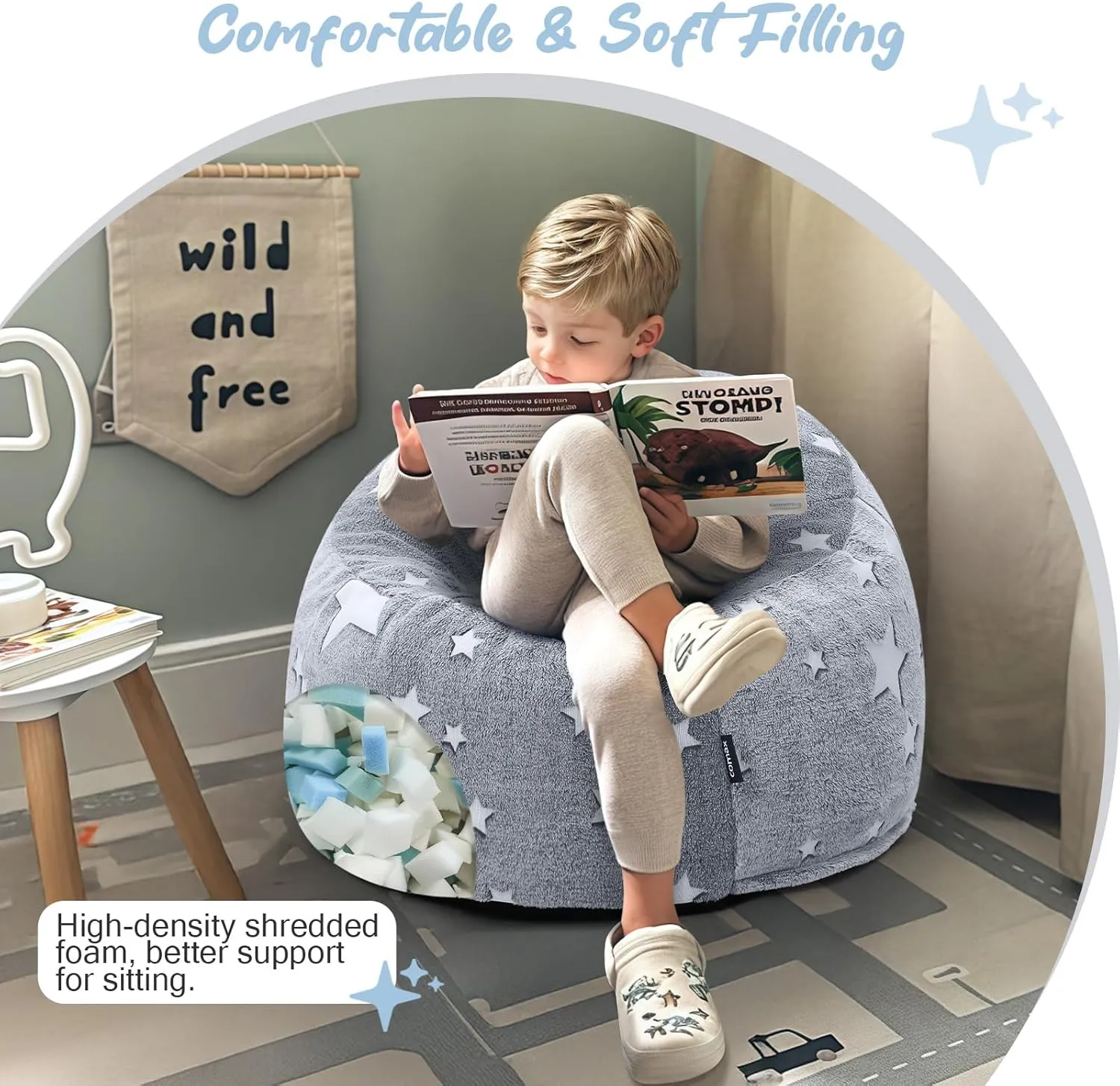 COMAX Bean Bag Chairs for Kids, Toddler BeanBag Sofa with Filler Bean Couch Stuffed for Boys and Girls, Lazy Floor Chair for Playroom, Nursery Room, Glowing Grey Star