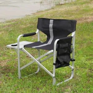 Comfortable and Portable Padded Folding Outdoor Chair with Side Table, Lightweight Oversized Design for Camping and Picnics, Black/Grey