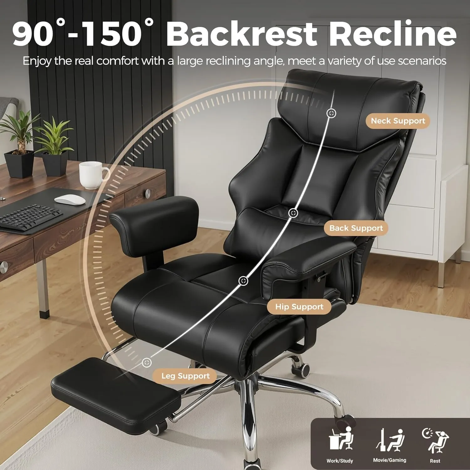 COMHOMA Big and Tall Office Chair 400lbs High Back Computer Gaming Chair with Ergonomic Lumbar Support & Pocket Spring Cushion for Lower Back Pain Relief, Leather Executive Chair with Foot Rest, Black