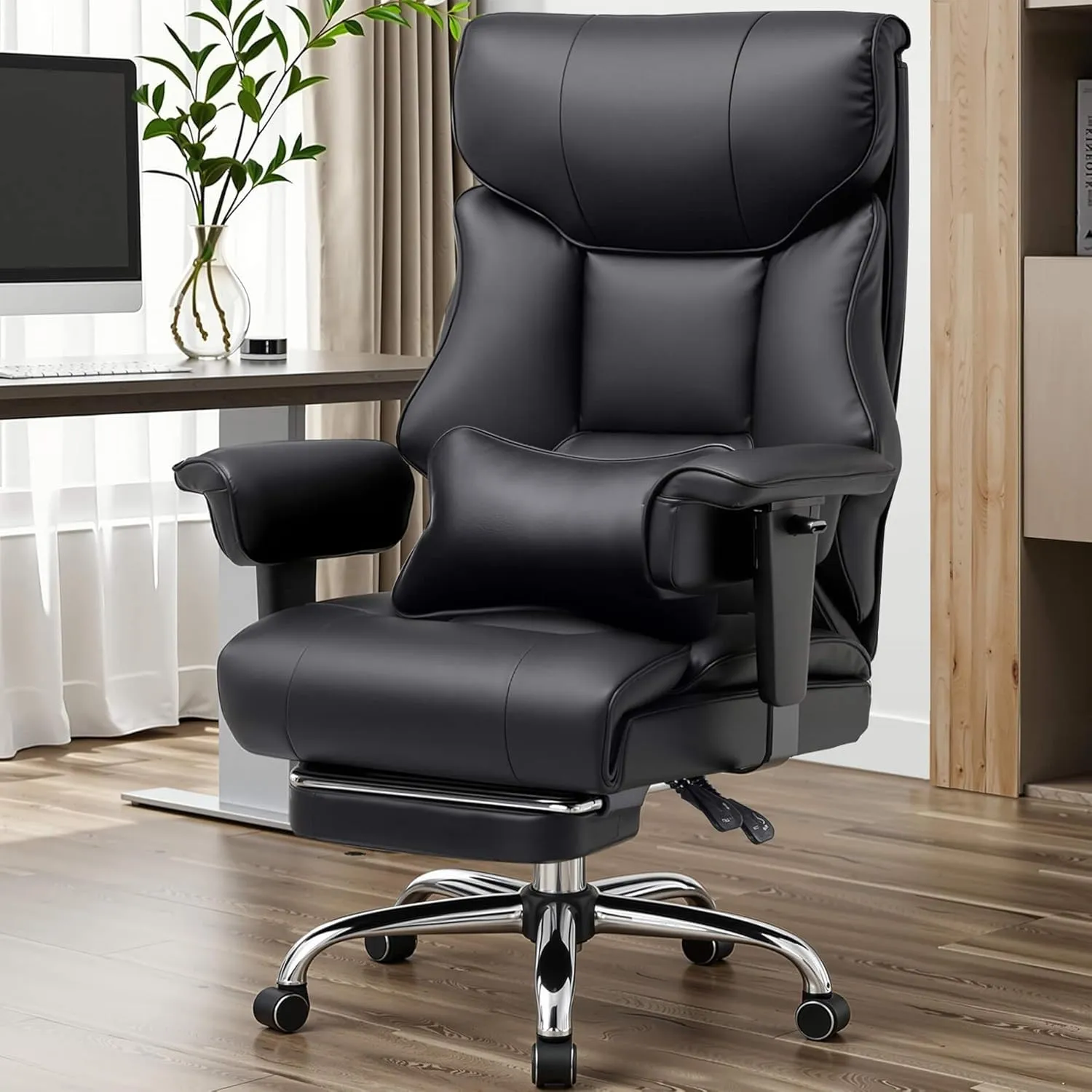 COMHOMA Big and Tall Office Chair 400lbs High Back Computer Gaming Chair with Ergonomic Lumbar Support & Pocket Spring Cushion for Lower Back Pain Relief, Leather Executive Chair with Foot Rest, Black