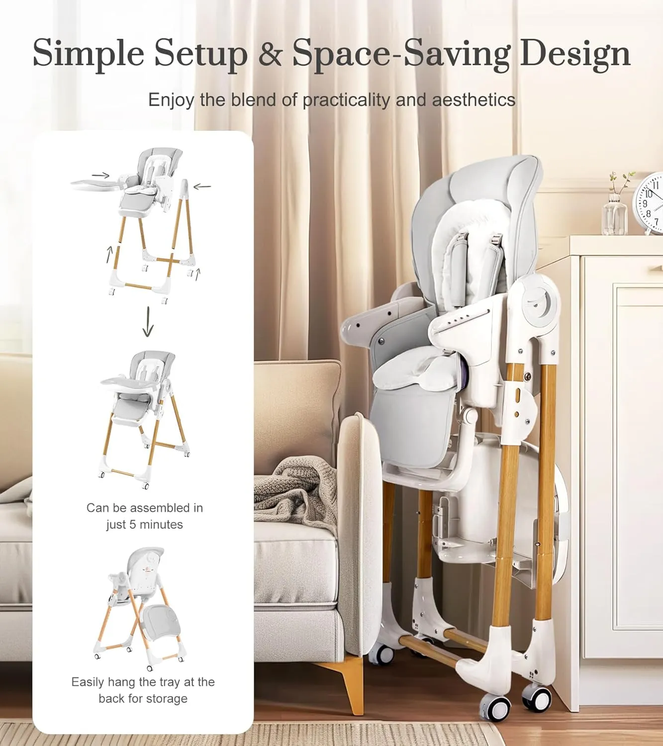 Convertible High Chairs for Babies and Toddlers, Height Adjustable Baby High Chair, High Chair with Removable Tray, Adjustable Backrest and Pedal, Portable Baby Dinning Chair with Lockable Wheels