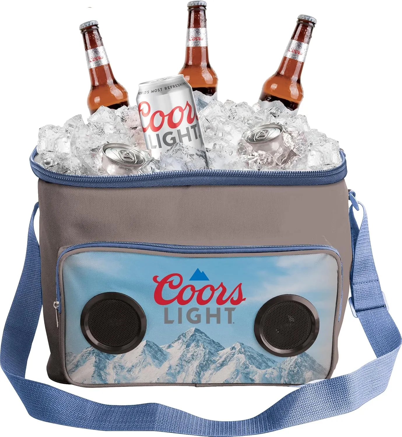 Coors Light Cooler Bag with Built-in Bluetooth Stereo Speakers, Multiple Pockets, 24 Can Capacity, Adjustable Shoulder Strap, 12 Hours of Insulated Cooling and Freshness, for Camping, Fishing, Beach
