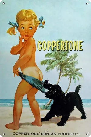 Coppertone Girl Ad Iron On Transfer #1 Poster Retro Metal Tin Vintage Sign 12 X 8 Inch Bar Music Club Man Cave Room Wall Decor