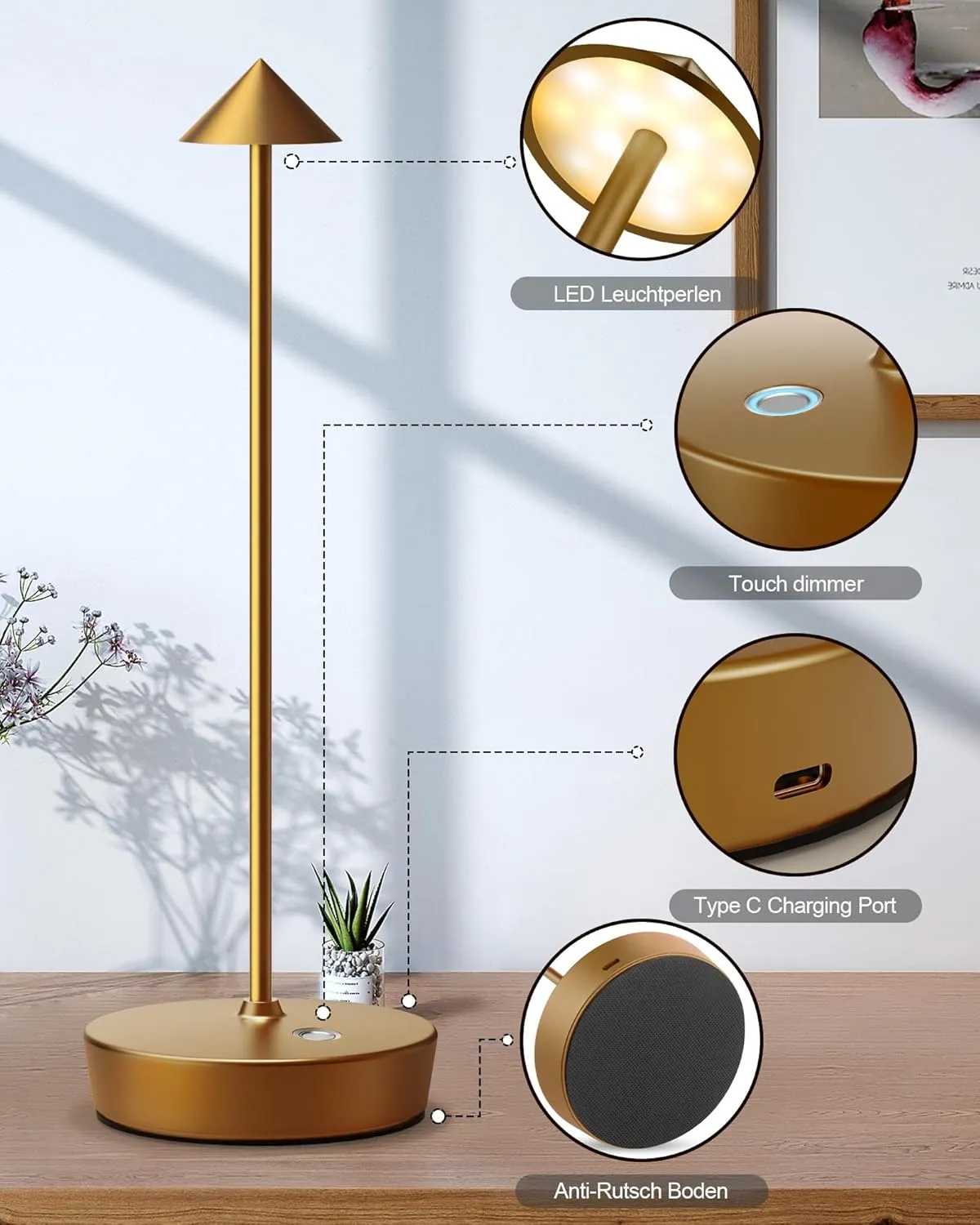 Cordless Table Lamps Rechargeable, 6000mAh Battery Operated LED Desk Lamp Outdoor Waterproof Portable Touch Dimmable Table Night Light for Patio Restaurant Dining Home Set of 2 Bronze