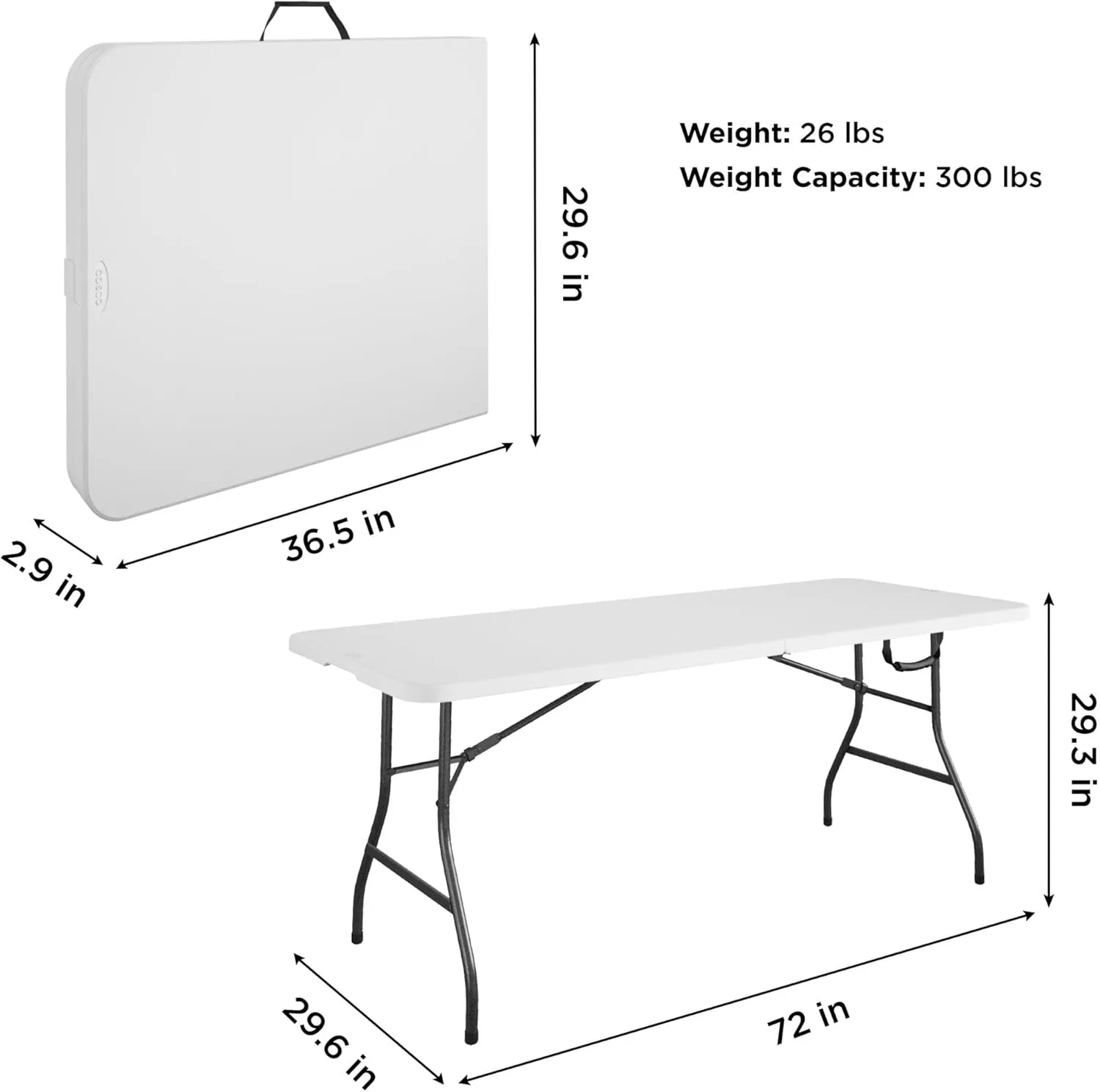 COSCO Fold-in-Half Banquet Table w/Handle, 6ft, White