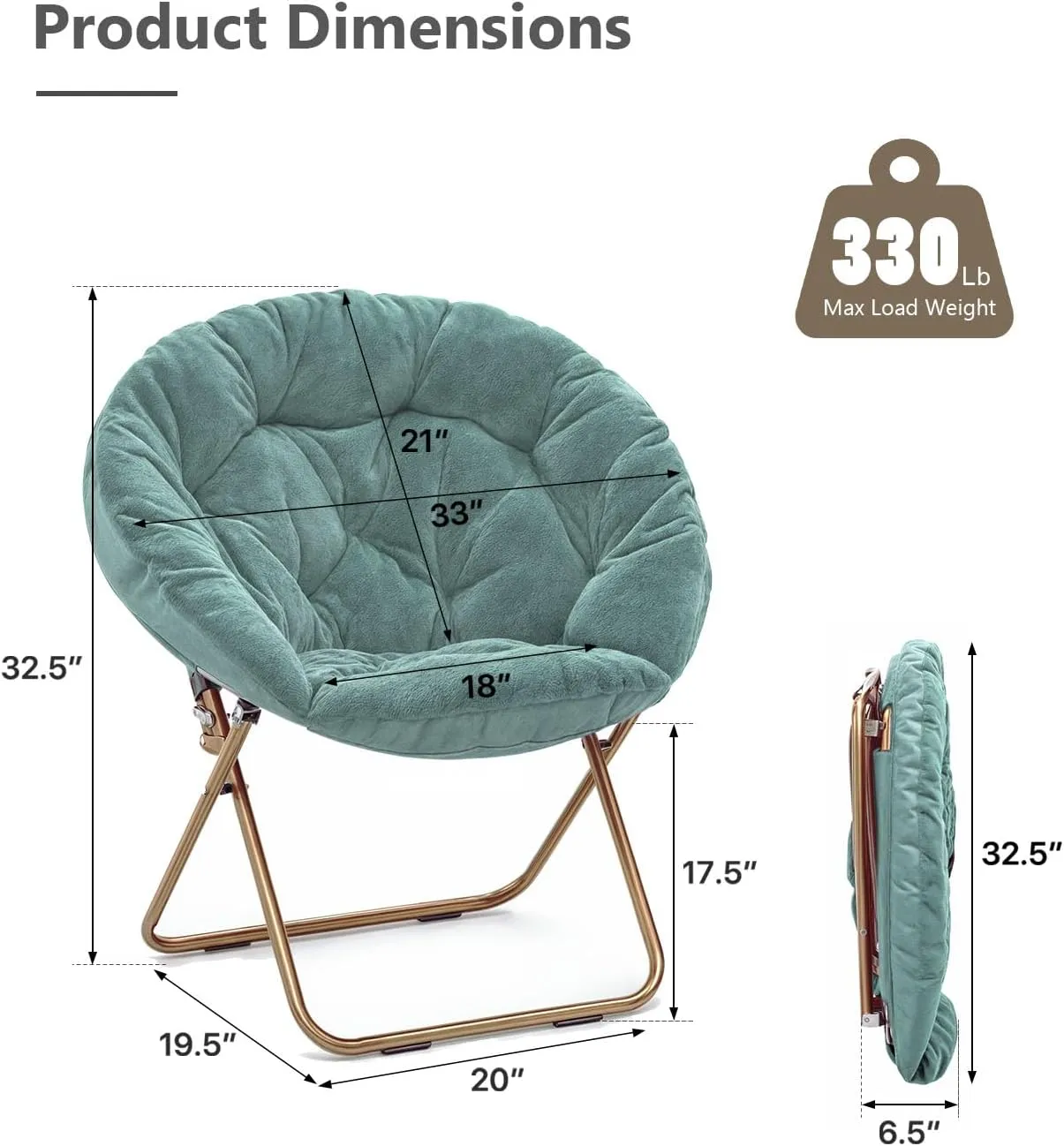 Cozy Saucer Chair, Living Room Chair, Faux Fur Soft Thick Padded Seat, Metal Frame Folding Chair, Comfortable Moon Chair for Living Room, Bedroom, Reading Nook, Modern Style, 1 Pack, Green