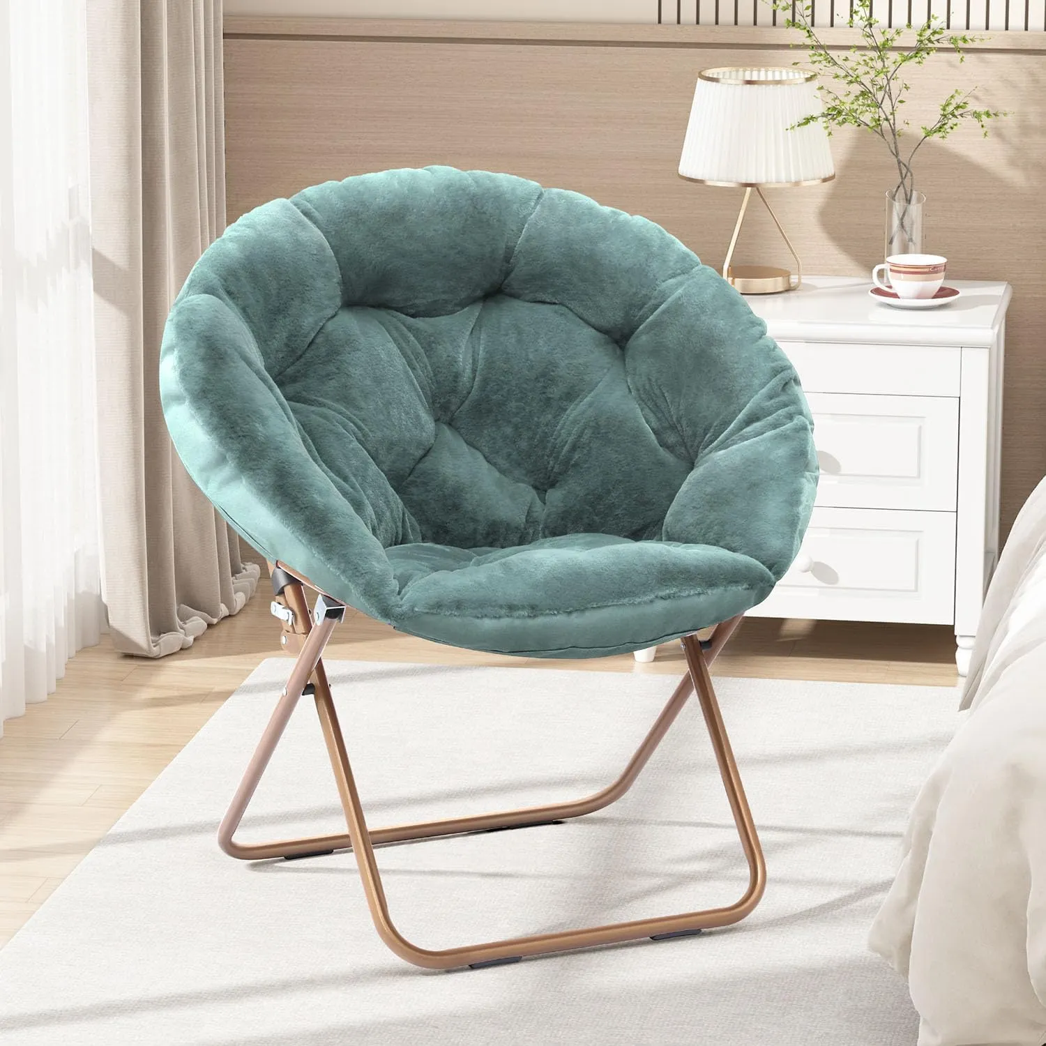 Cozy Saucer Chair, Living Room Chair, Faux Fur Soft Thick Padded Seat, Metal Frame Folding Chair, Comfortable Moon Chair for Living Room, Bedroom, Reading Nook, Modern Style, 1 Pack, Green