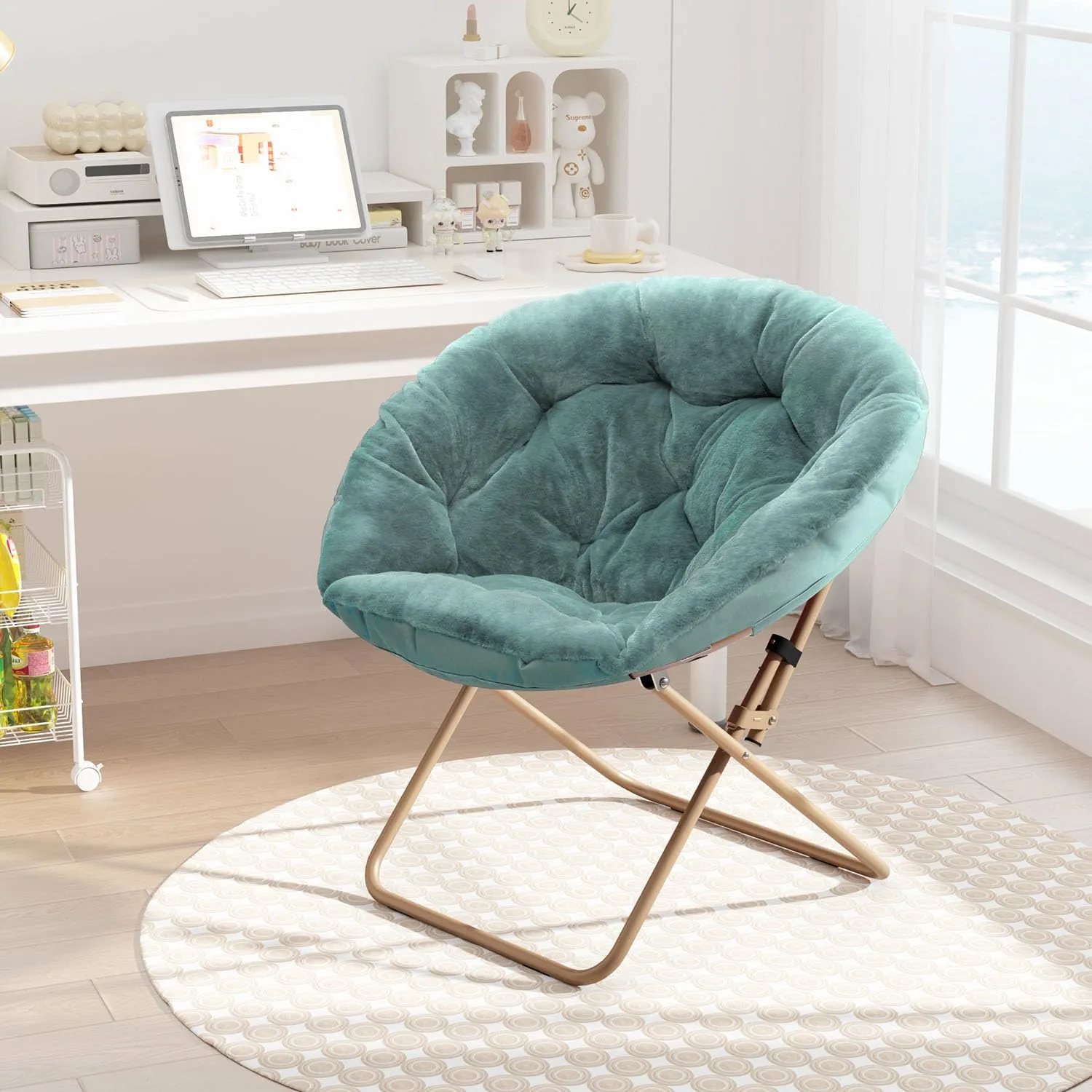 Cozy Saucer Chair, Living Room Chair, Faux Fur Soft Thick Padded Seat, Metal Frame Folding Chair, Comfortable Moon Chair for Living Room, Bedroom, Reading Nook, Modern Style, 1 Pack, Green