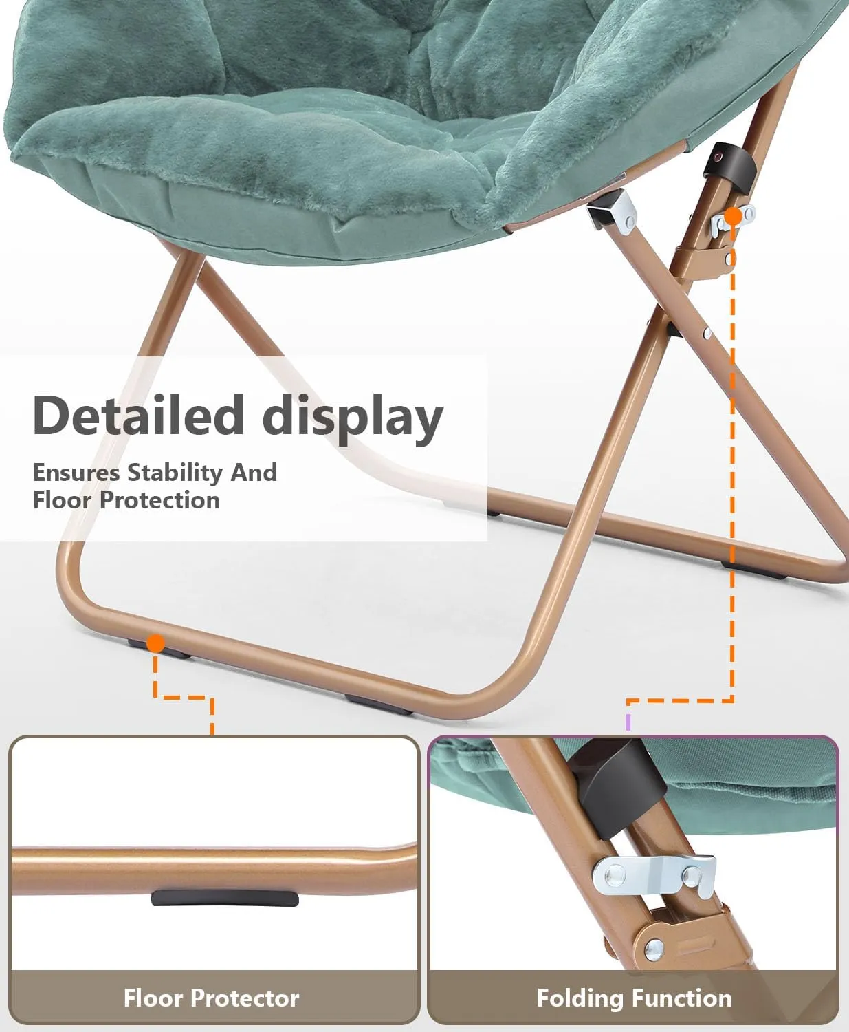 Cozy Saucer Chair, Living Room Chair, Faux Fur Soft Thick Padded Seat, Metal Frame Folding Chair, Comfortable Moon Chair for Living Room, Bedroom, Reading Nook, Modern Style, 1 Pack, Green