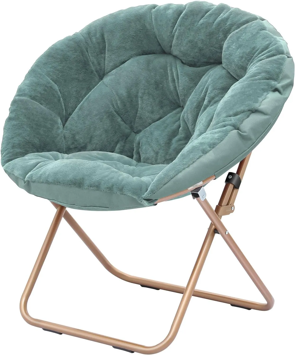 Cozy Saucer Chair, Living Room Chair, Faux Fur Soft Thick Padded Seat, Metal Frame Folding Chair, Comfortable Moon Chair for Living Room, Bedroom, Reading Nook, Modern Style, 1 Pack, Green