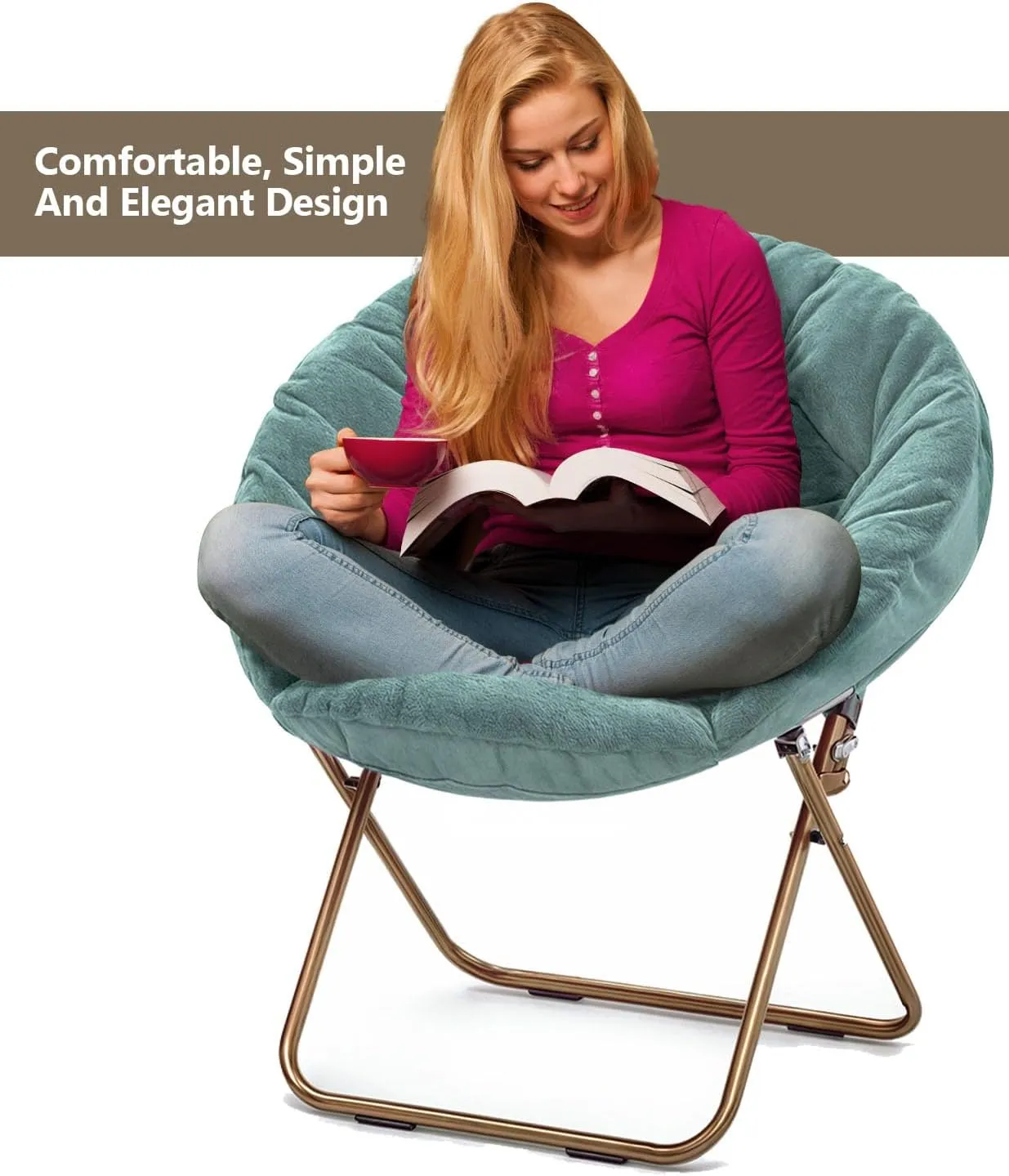 Cozy Saucer Chair, Living Room Chair, Faux Fur Soft Thick Padded Seat, Metal Frame Folding Chair, Comfortable Moon Chair for Living Room, Bedroom, Reading Nook, Modern Style, 1 Pack, Green