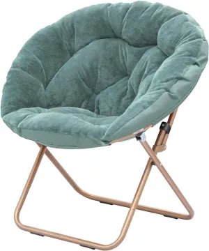 Cozy Saucer Chair, Living Room Chair, Faux Fur Soft Thick Padded Seat, Metal Frame Folding Chair, Comfortable Moon Chair for Living Room, Bedroom, Reading Nook, Modern Style, 1 Pack, Green