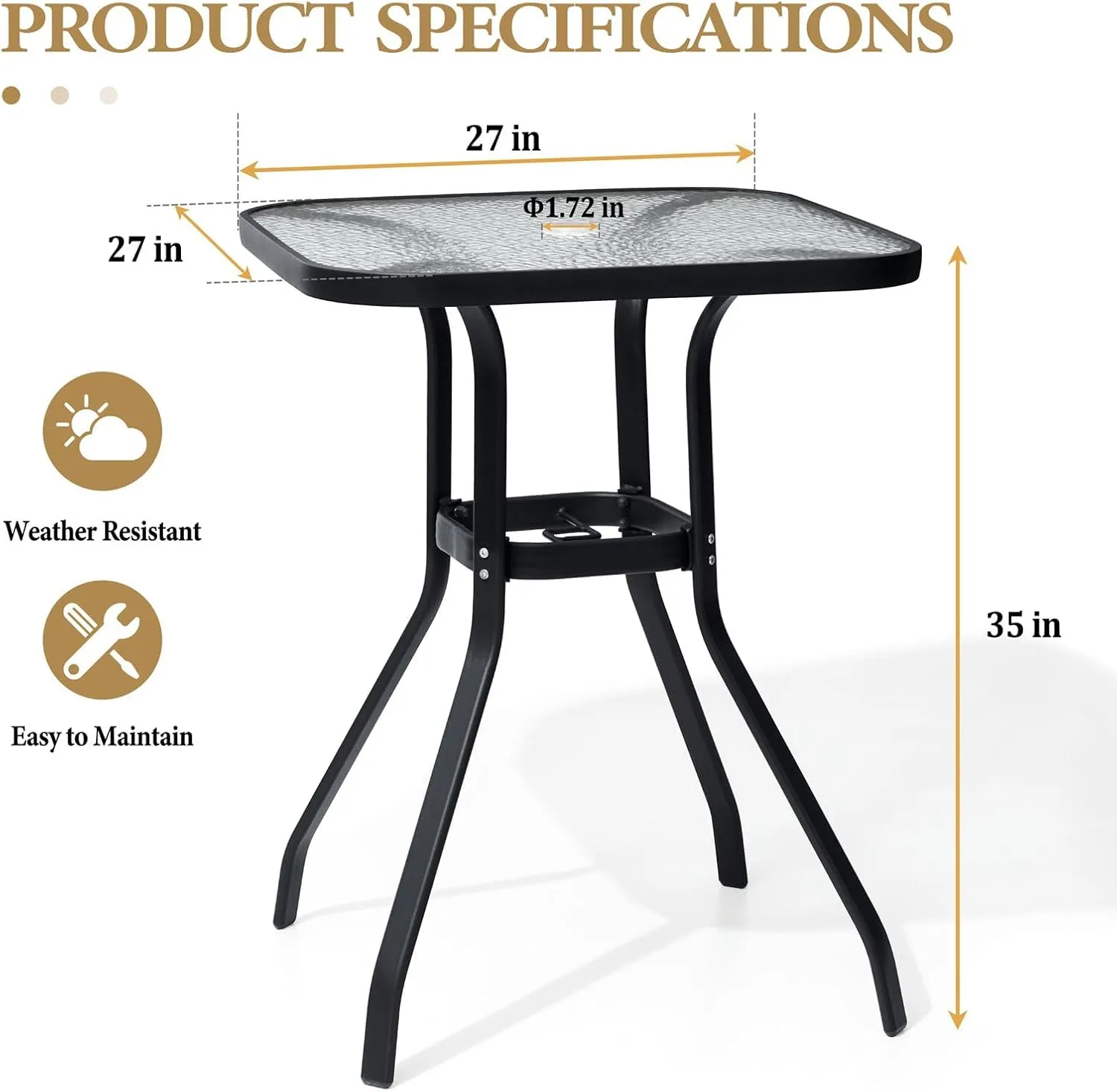 Crestlive Products Outdoor Bar Table with Umbrella Hole, Patio Dining Bistro Table with Aluminum Frame Tempered Glass Top, Outside Banquet Furniture for Garden, Pool, Deck, Lawn (Black)