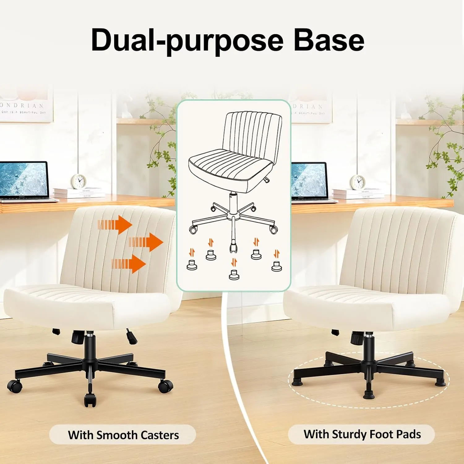 Criss Cross Chair with Wheels,Thick Padded Leather Cross Legged Office Desk C Hair with Pocket Spring Cushion,Dual-Purpose Base,Wide Adjustable Computer Home Office Vanity Chair,Beige