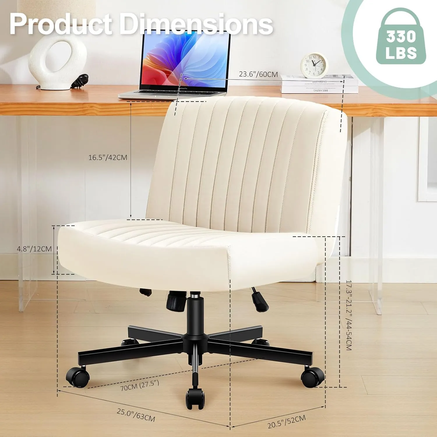Criss Cross Chair with Wheels,Thick Padded Leather Cross Legged Office Desk C Hair with Pocket Spring Cushion,Dual-Purpose Base,Wide Adjustable Computer Home Office Vanity Chair,Beige