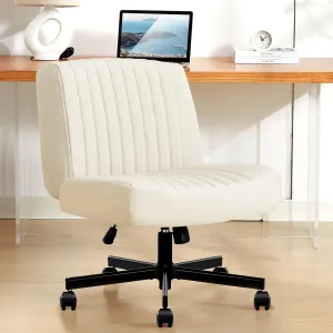 Criss Cross Chair with Wheels,Thick Padded Leather Cross Legged Office Desk C Hair with Pocket Spring Cushion,Dual-Purpose Base,Wide Adjustable Computer Home Office Vanity Chair,Beige