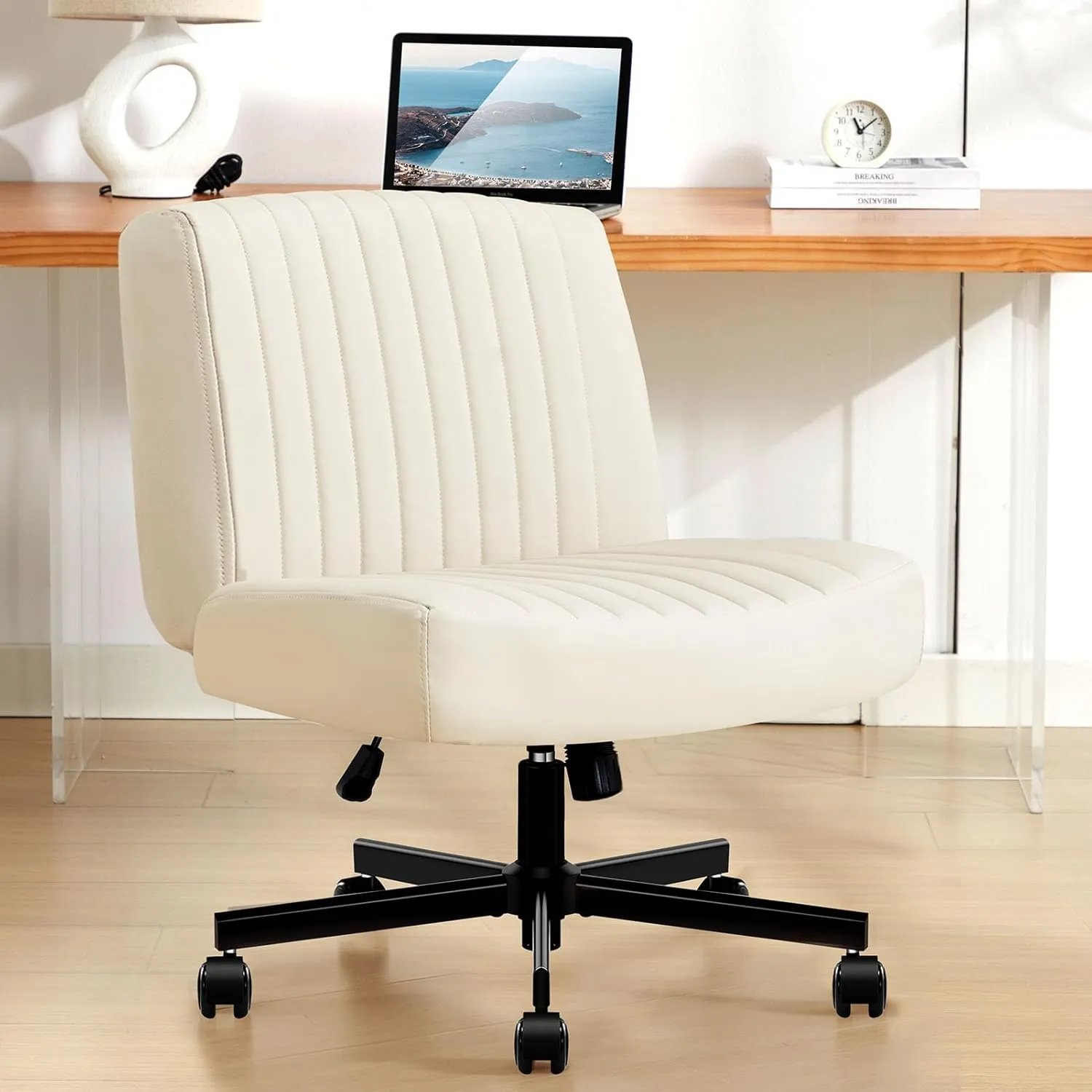 Criss Cross Chair with Wheels,Thick Padded Leather Cross Legged Office Desk C Hair with Pocket Spring Cushion,Dual-Purpose Base,Wide Adjustable Computer Home Office Vanity Chair,Beige
