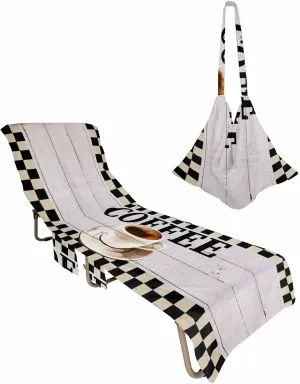 Cup of Coffee Retro Wooden Stripes Chaise Lounger Cover with Pockets, Pool Lounge Chair Covers 85"x29", Vintage Black White Buffalo Checker Lace Microfiber Beach Chair Cover for Patio