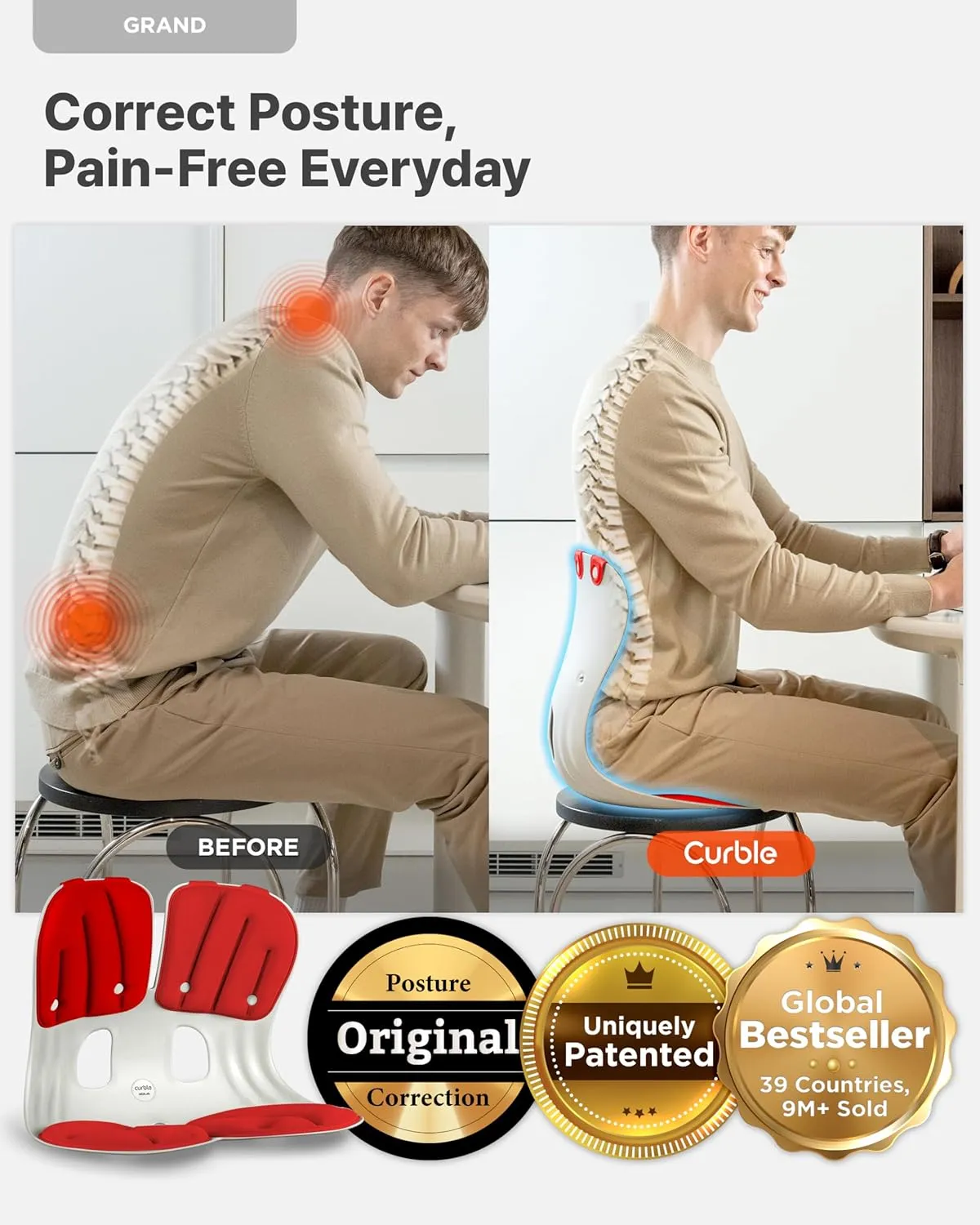 curble Grand 2PACK, Ergonomic Chair Back Support, Lumbar Support for Good Posture Correction and Back Pain Relief, Perfect for Office Chair and Work from Home, Patented(Extra Wide&Sturdy, 2P Red)