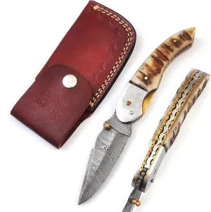 Custom Damascus Pocket Knife Ideal For Camping w/Leather Sheath TJ123