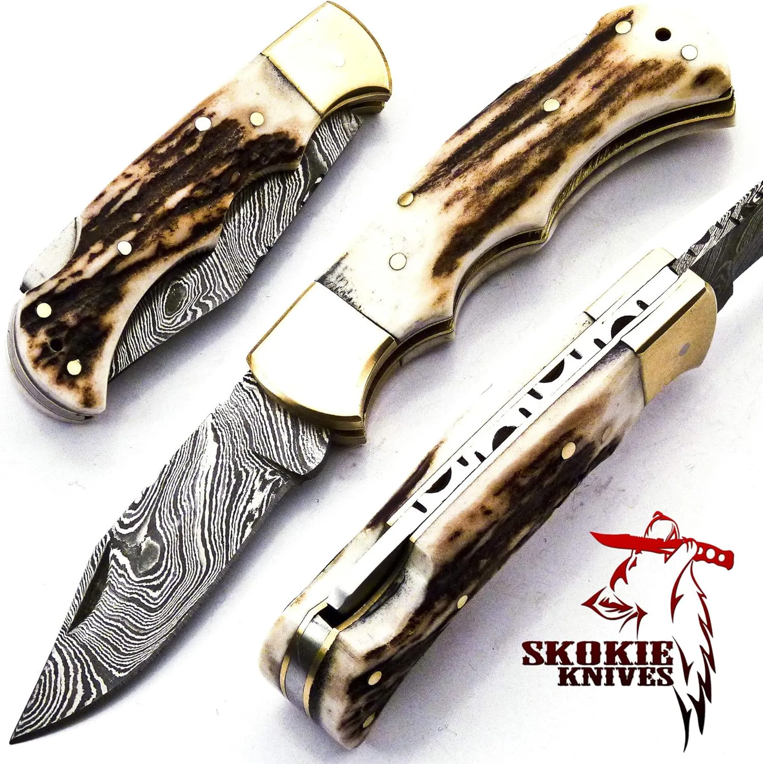 Custom Hand Made Damascus Steel Hunting Pocket Folding Knife with Handle Stag Antler (S.F)