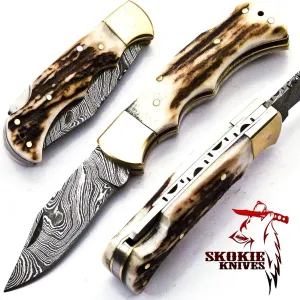 Custom Hand Made Damascus Steel Hunting Pocket Folding Knife with Handle Stag Antler (S.F)