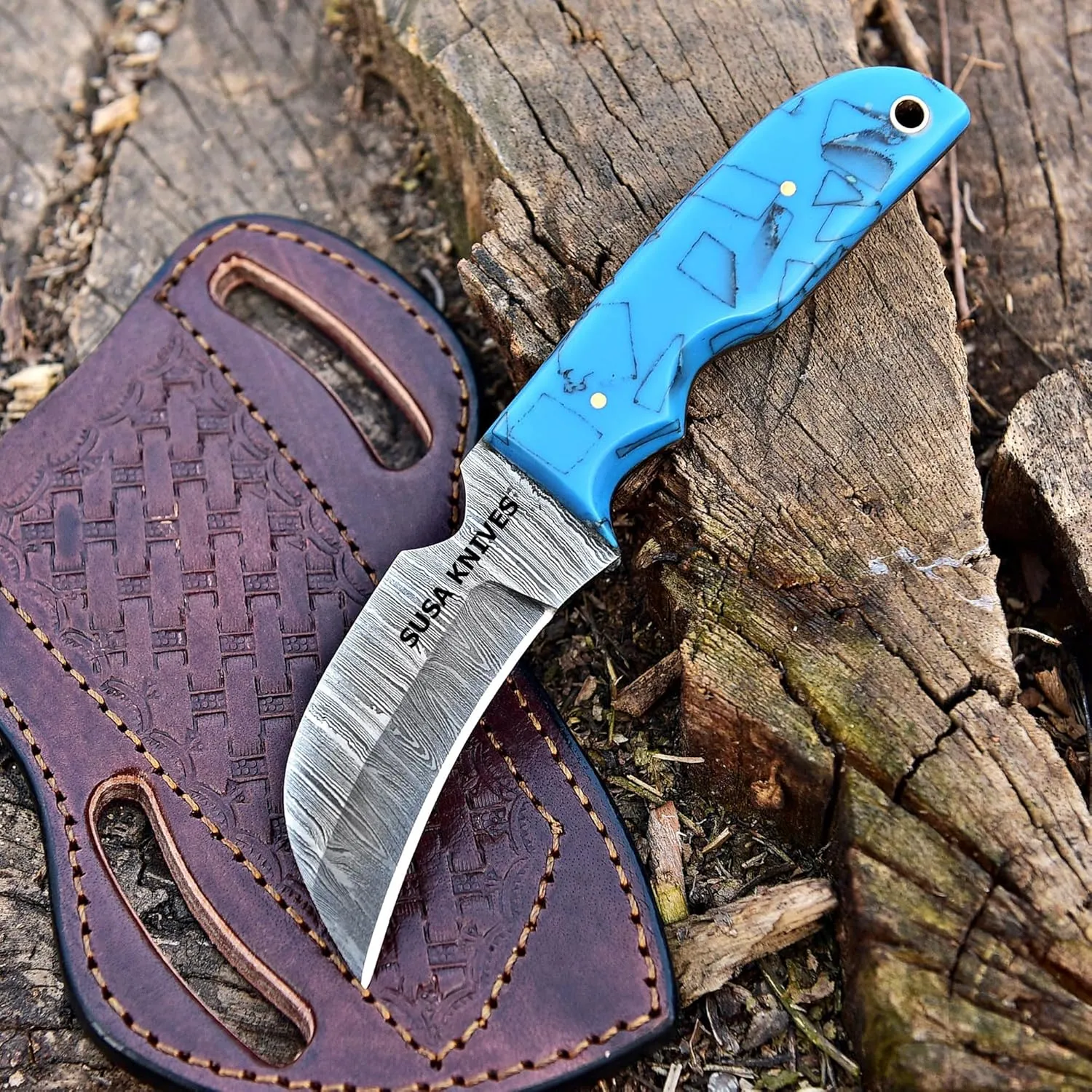 Custom Handmade 1095 steel 7'' Hawkbill fixed blade Damascus steel Knife Electricians Knife/Lineman’s Hawkbill knife, with pancake leather sheath (HAWK 223)