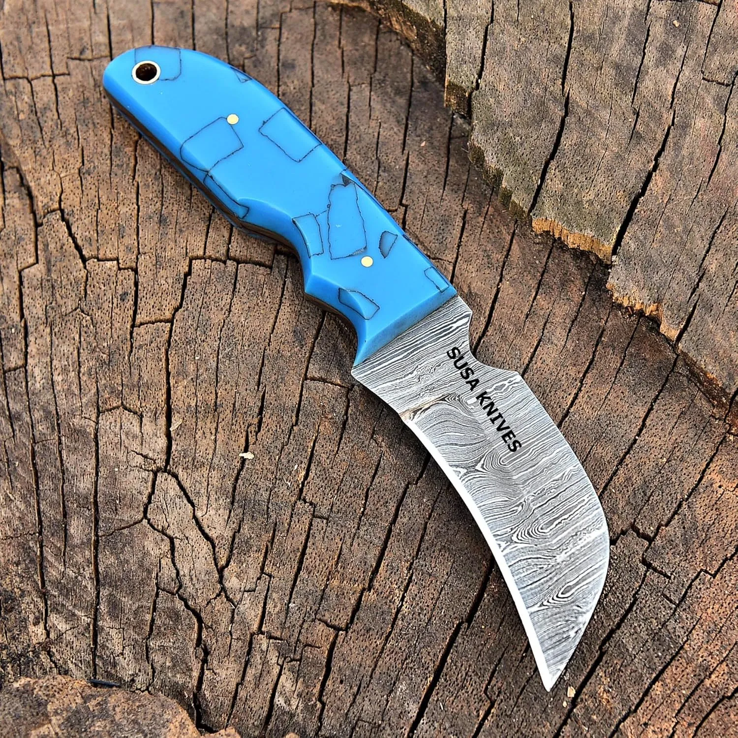 Custom Handmade 1095 steel 7'' Hawkbill fixed blade Damascus steel Knife Electricians Knife/Lineman’s Hawkbill knife, with pancake leather sheath (HAWK 223)