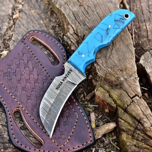 Custom Handmade 1095 steel 7'' Hawkbill fixed blade Damascus steel Knife Electricians Knife/Lineman’s Hawkbill knife, with pancake leather sheath (HAWK 223)