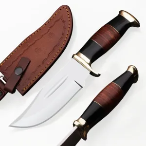 D2 10 Inches Crocodile Dundee Bowie Knife with Leather Sheath Fixed Blade Knife with Leather and Horn Handle for Outdoor Camping