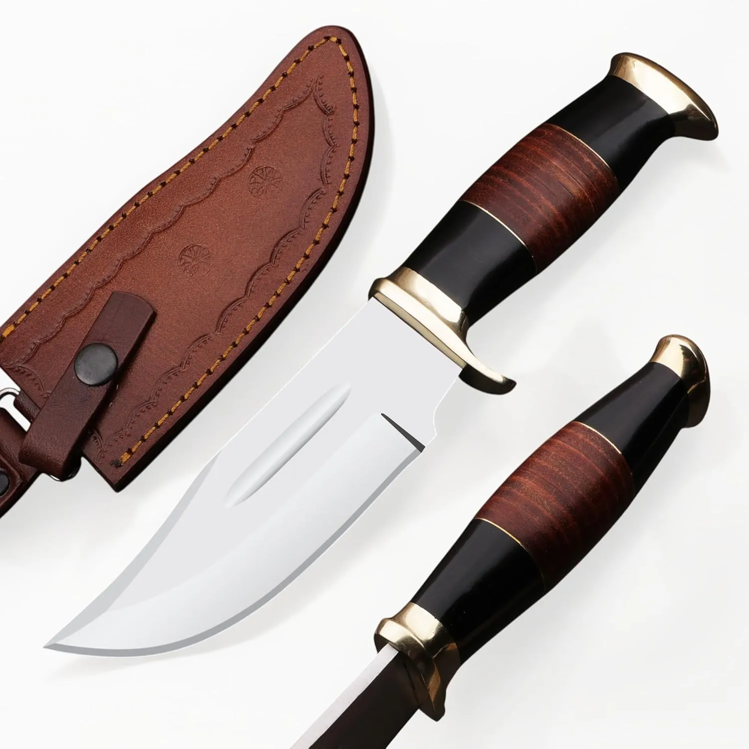 D2 10 Inches Crocodile Dundee Bowie Knife with Leather Sheath Fixed Blade Knife with Leather and Horn Handle for Outdoor Camping