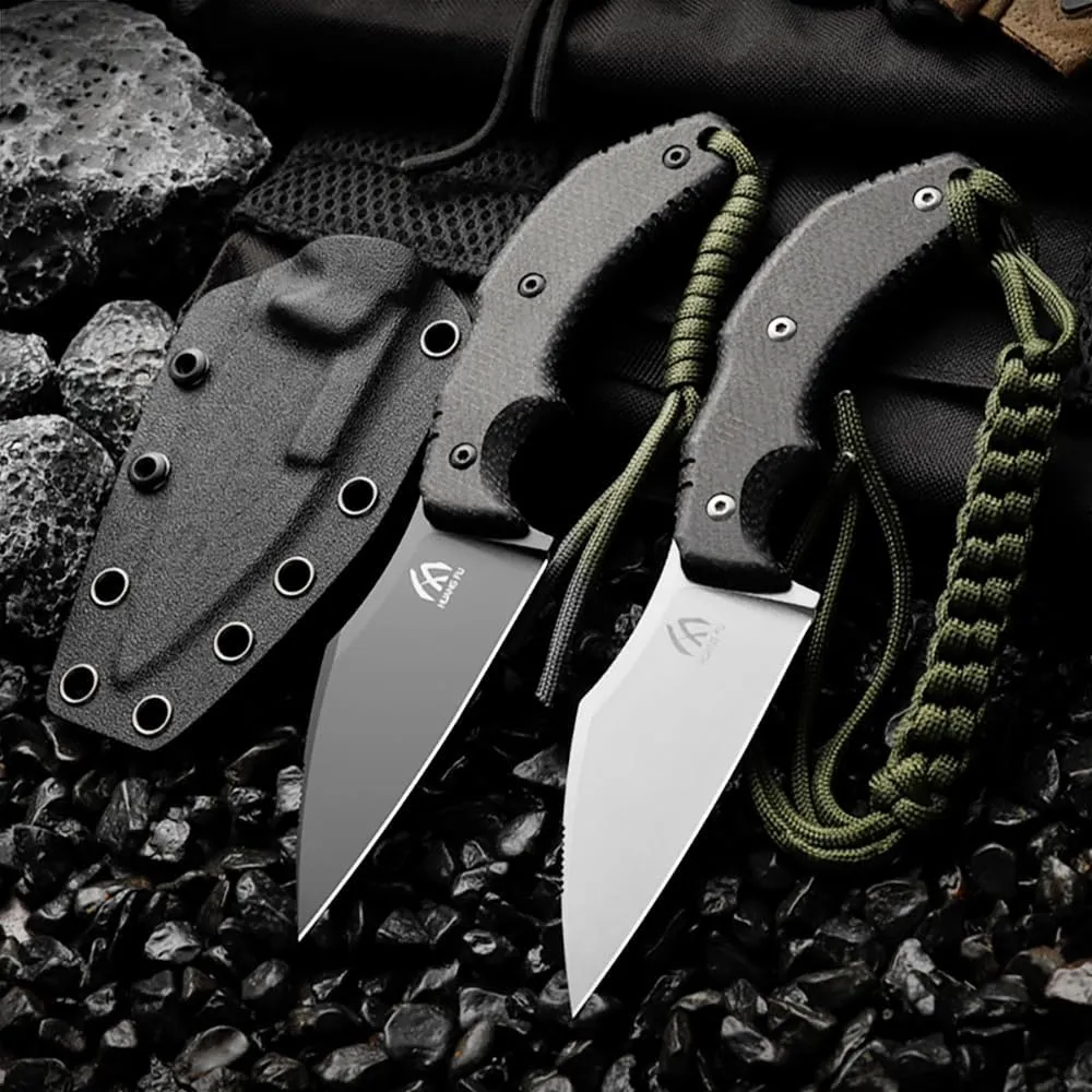 D2 Steel Fixed Blade Outdoor Knife, Hiking Trekking Multitool, Men's Gift (Black Blade)