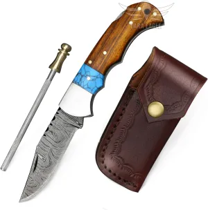 Damascus pocket knife, Camping knife with Sharpener and Leather Pouch, Solid blade for hunting, fishing, outdoor activities, Father’s Day Gifts for Men (Turquoise & Rosewood)