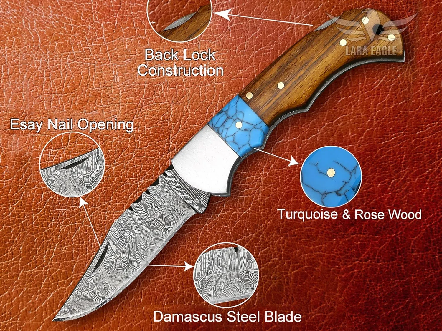 Damascus pocket knife, Camping knife with Sharpener and Leather Pouch, Solid blade for hunting, fishing, outdoor activities, Father’s Day Gifts for Men (Turquoise & Rosewood)