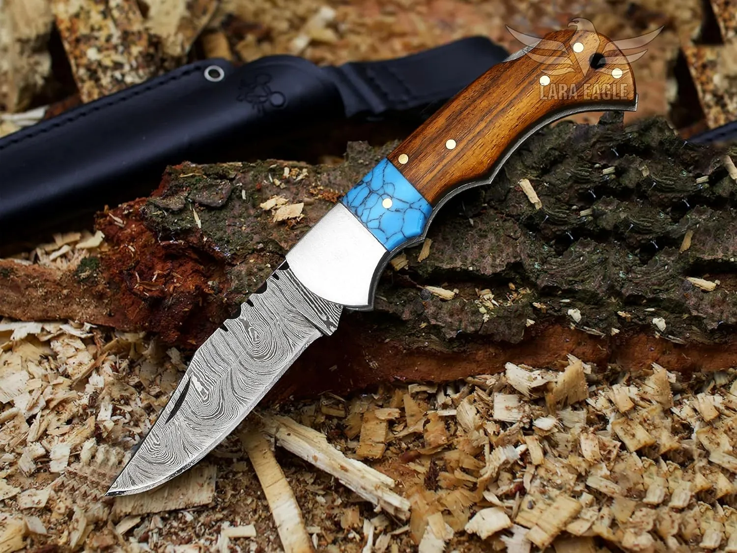 Damascus pocket knife, Camping knife with Sharpener and Leather Pouch, Solid blade for hunting, fishing, outdoor activities, Father’s Day Gifts for Men (Turquoise & Rosewood)