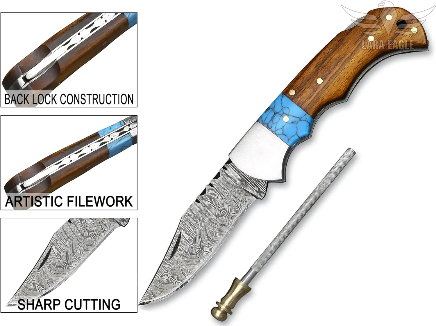 Damascus pocket knife, Camping knife with Sharpener and Leather Pouch, Solid blade for hunting, fishing, outdoor activities, Father’s Day Gifts for Men (Turquoise & Rosewood)