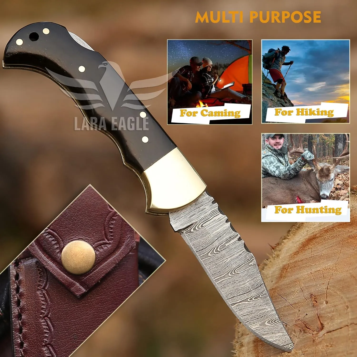 Damascus Pocket Knife for Men - 133 Layer Solid Steel Handmade Folding Hunting Knives with Sharpner and Leather Pouch - Best Knife for Camping Hunting Hiking - Father’s Day Gifts for Men Husband Dad (Buffalo Horn Handle)