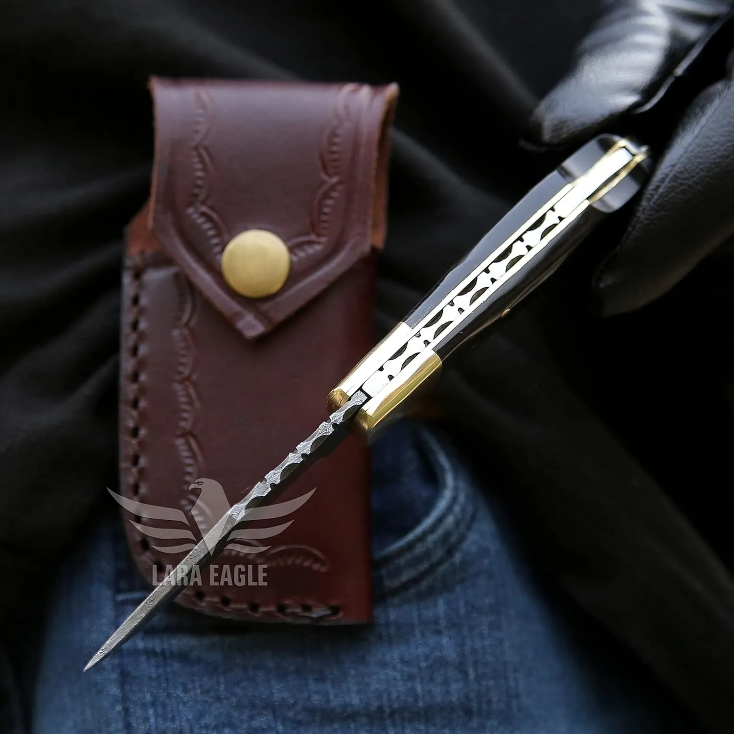 Damascus Pocket Knife for Men - 133 Layer Solid Steel Handmade Folding Hunting Knives with Sharpner and Leather Pouch - Best Knife for Camping Hunting Hiking - Father’s Day Gifts for Men Husband Dad (Buffalo Horn Handle)