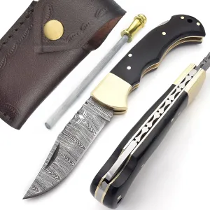 Damascus Pocket Knife for Men - 133 Layer Solid Steel Handmade Folding Hunting Knives with Sharpner and Leather Pouch - Best Knife for Camping Hunting Hiking - Father’s Day Gifts for Men Husband Dad (Buffalo Horn Handle)