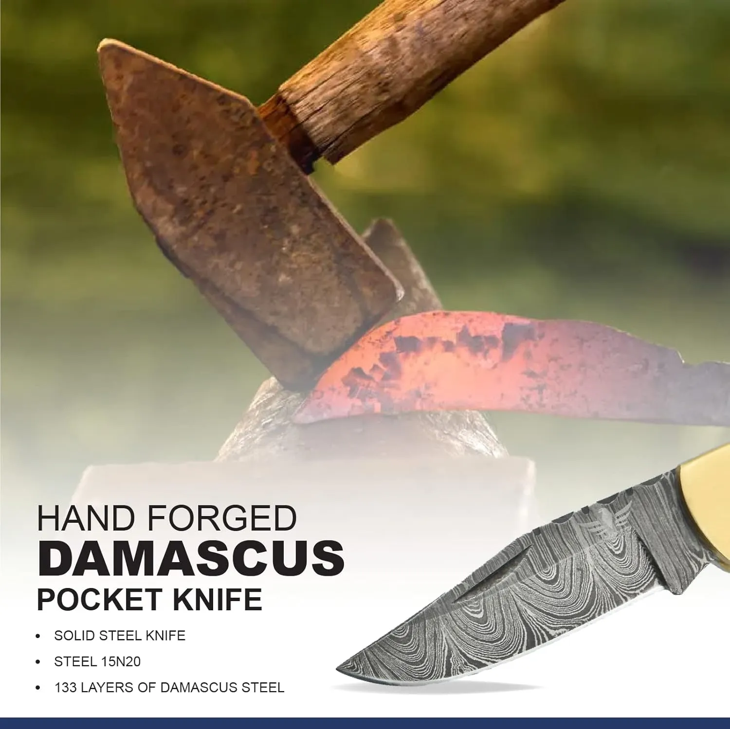 Damascus Pocket Knife for Men - 133 Layer Solid Steel Handmade Folding Hunting Knives with Sharpner and Leather Pouch - Best Knife for Camping Hunting Hiking - Father’s Day Gifts for Men Husband Dad (Buffalo Horn Handle)