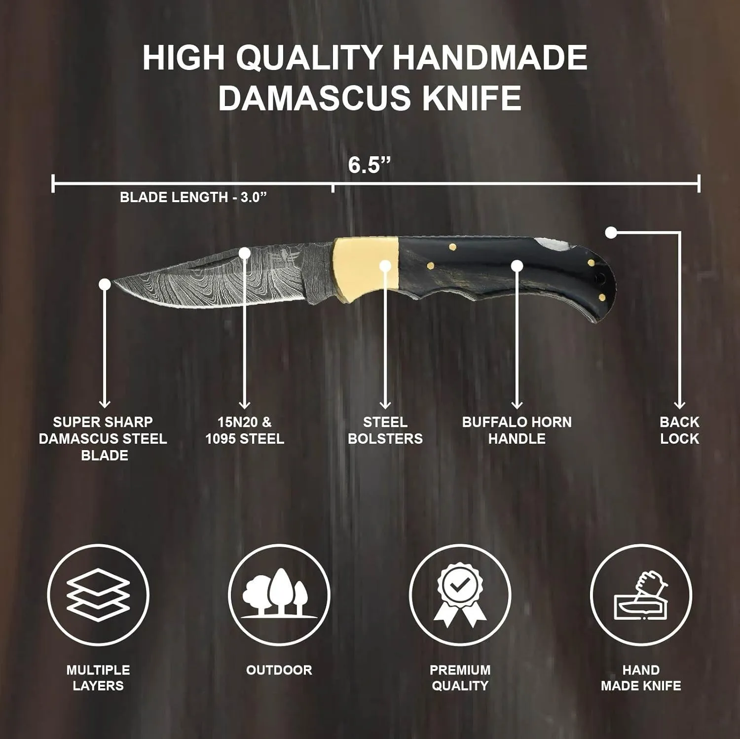 Damascus Pocket Knife for Men - 133 Layer Solid Steel Handmade Folding Hunting Knives with Sharpner and Leather Pouch - Best Knife for Camping Hunting Hiking - Father’s Day Gifts for Men Husband Dad (Buffalo Horn Handle)