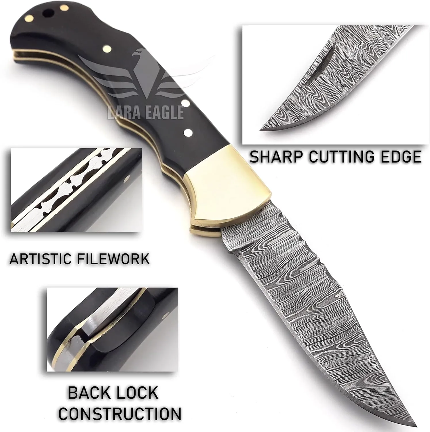 Damascus Pocket Knife for Men - 133 Layer Solid Steel Handmade Folding Hunting Knives with Sharpner and Leather Pouch - Best Knife for Camping Hunting Hiking - Father’s Day Gifts for Men Husband Dad (Buffalo Horn Handle)
