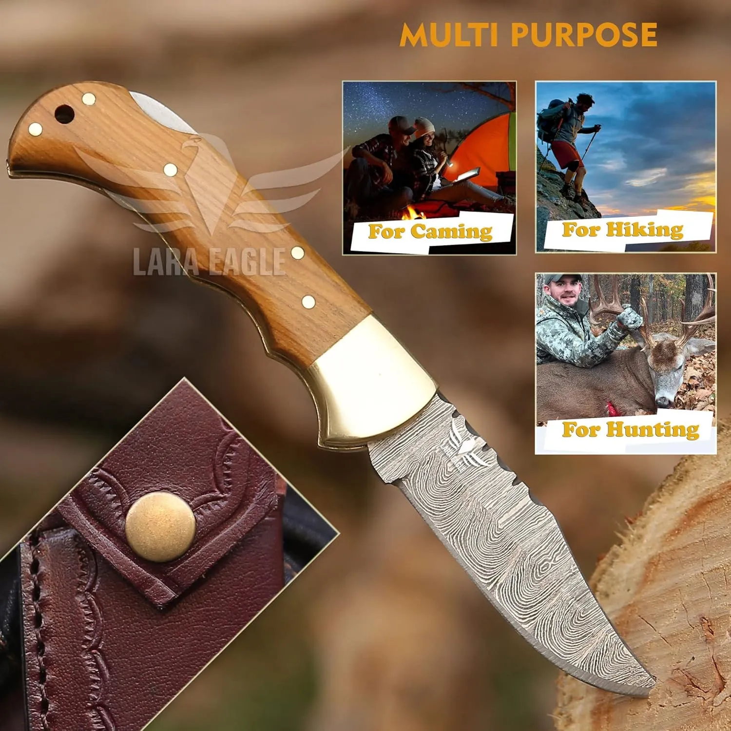 Damascus Pocket Knife for Men - 133 Layer Solid Steel Handmade Folding Hunting Knives with Sharpner and Leather Pouch - Best Knife for Camping Hunting Hiking - Father’s Day Gifts for Men Husband Dad