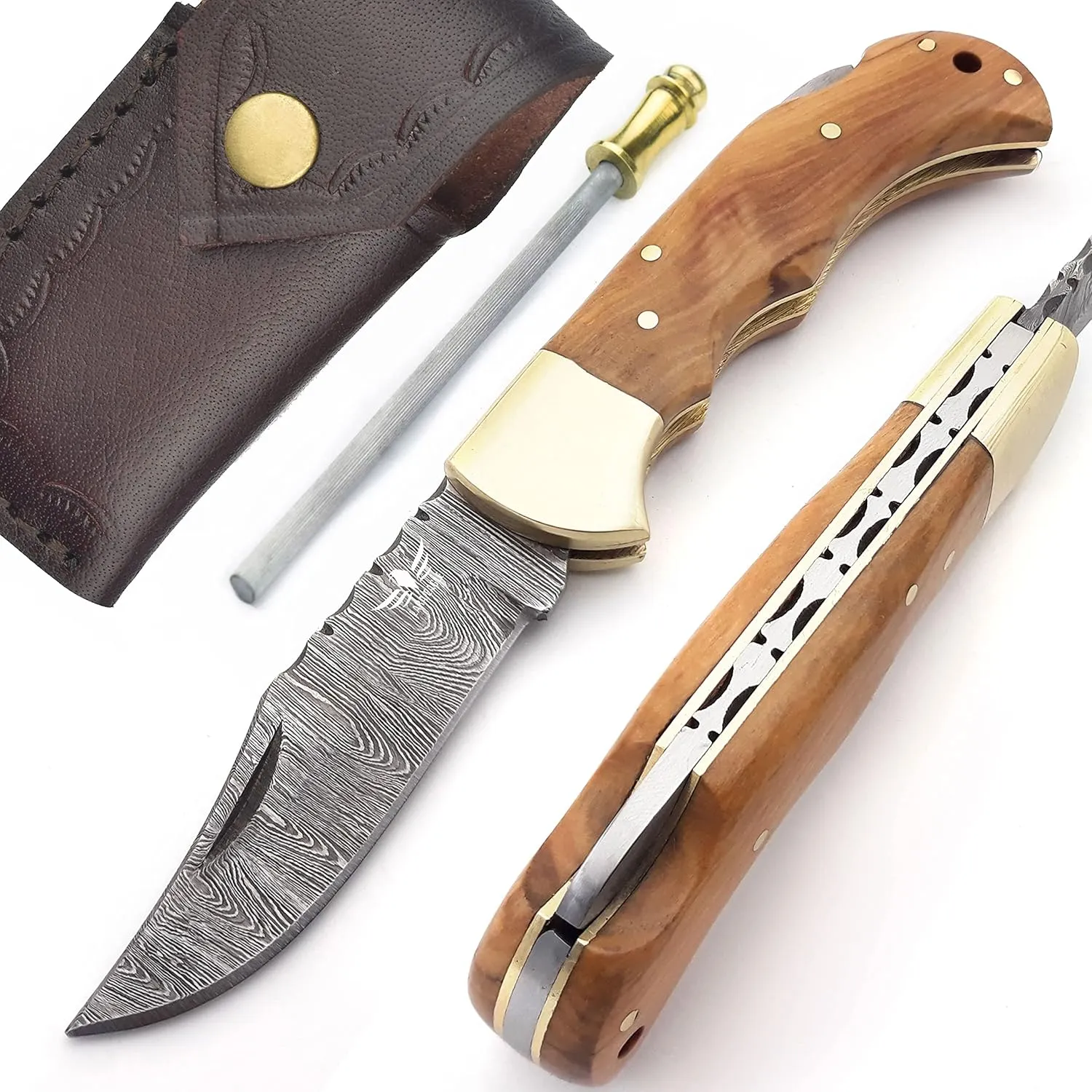 Damascus Pocket Knife for Men - 133 Layer Solid Steel Handmade Folding Hunting Knives with Sharpner and Leather Pouch - Best Knife for Camping Hunting Hiking - Father’s Day Gifts for Men Husband Dad