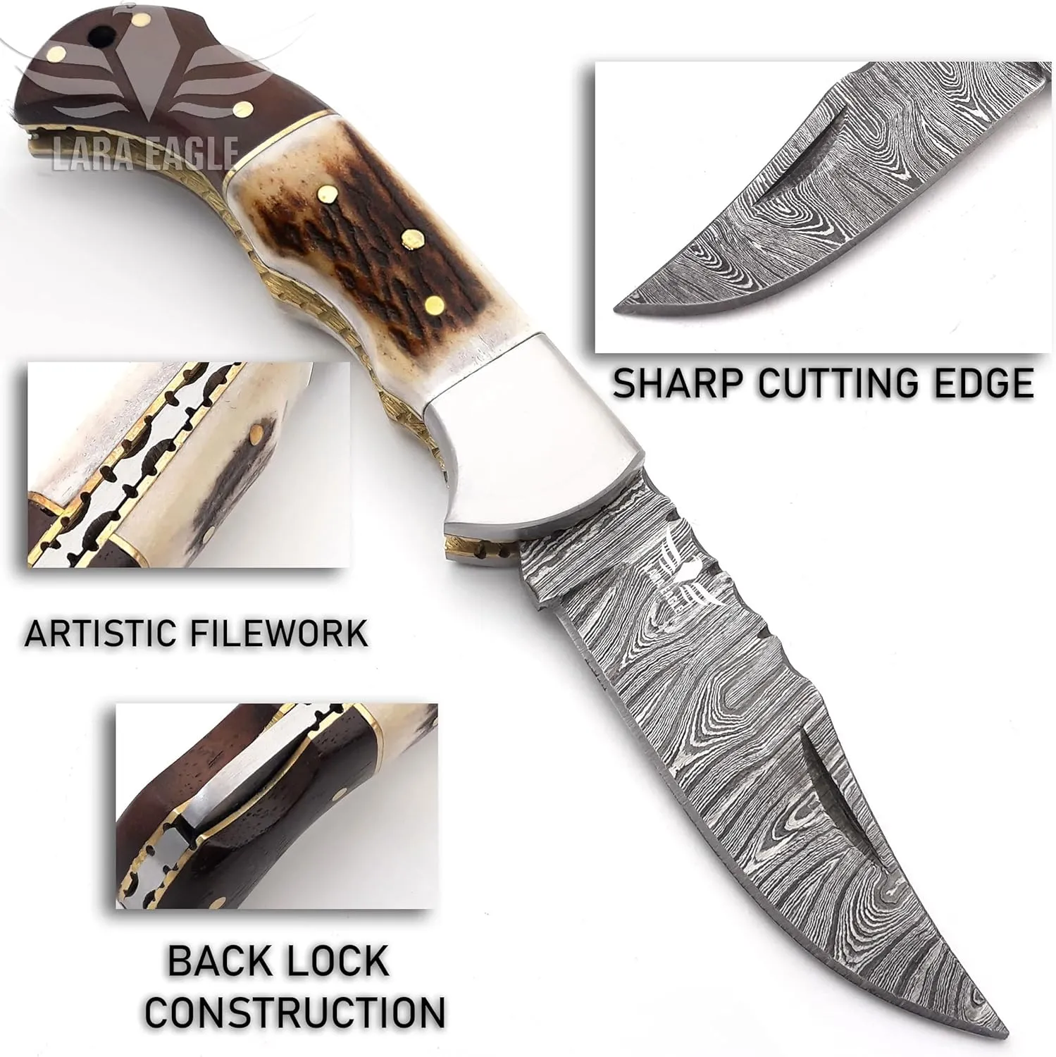 Damascus Pocket Knife for Men - 133 Layer Solid Steel Handmade Folding Hunting Knives with Sharpner and Leather Pouch - Best Knife for Camping Hunting Hiking - Father’s Day Gifts for Men Husband Dad