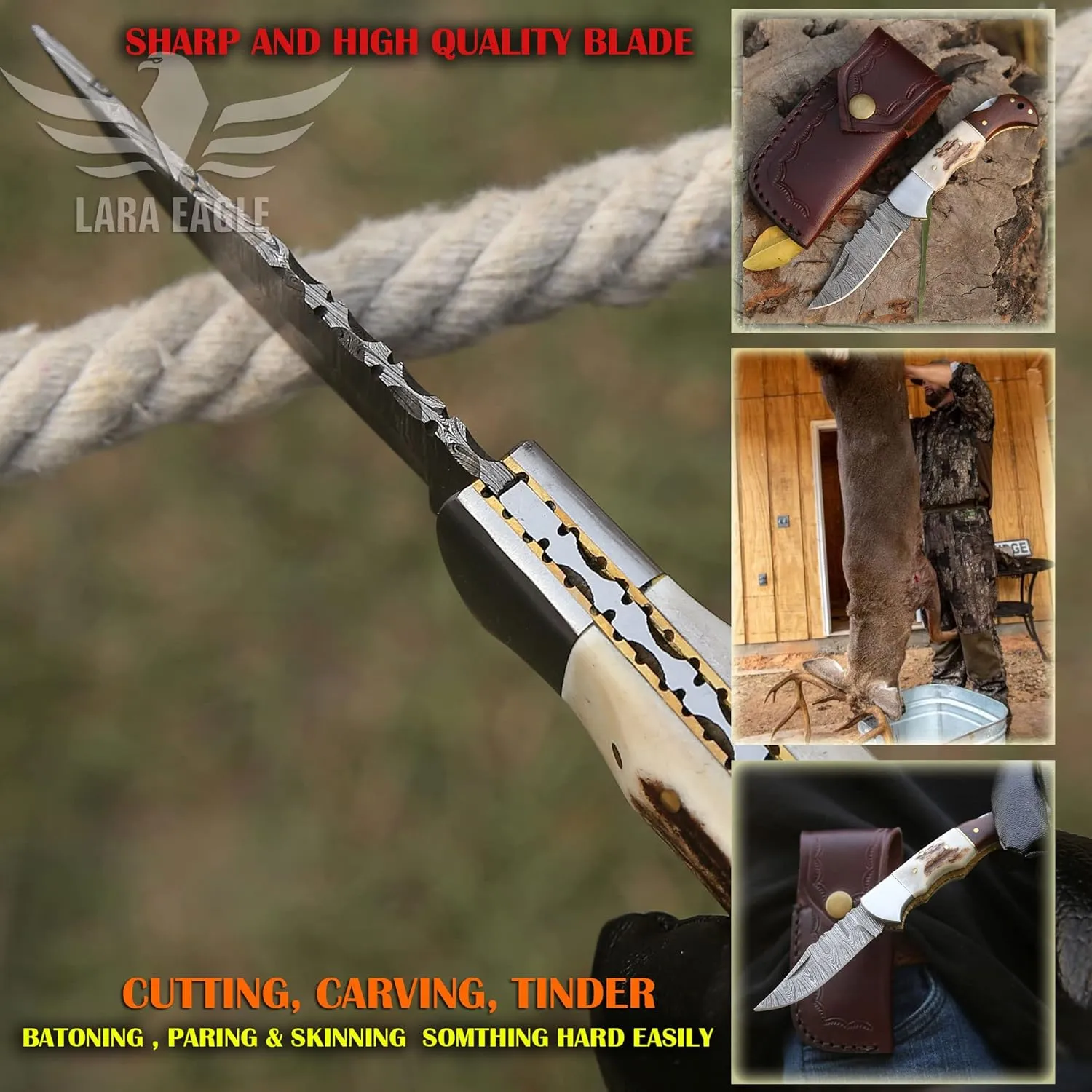 Damascus Pocket Knife for Men - 133 Layer Solid Steel Handmade Folding Hunting Knives with Sharpner and Leather Pouch - Best Knife for Camping Hunting Hiking - Father’s Day Gifts for Men Husband Dad