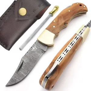 Damascus Pocket Knife for Men - 133 Layer Solid Steel Handmade Folding Hunting Knives with Sharpner and Leather Pouch - Best Knife for Camping Hunting Hiking - Father’s Day Gifts for Men Husband Dad