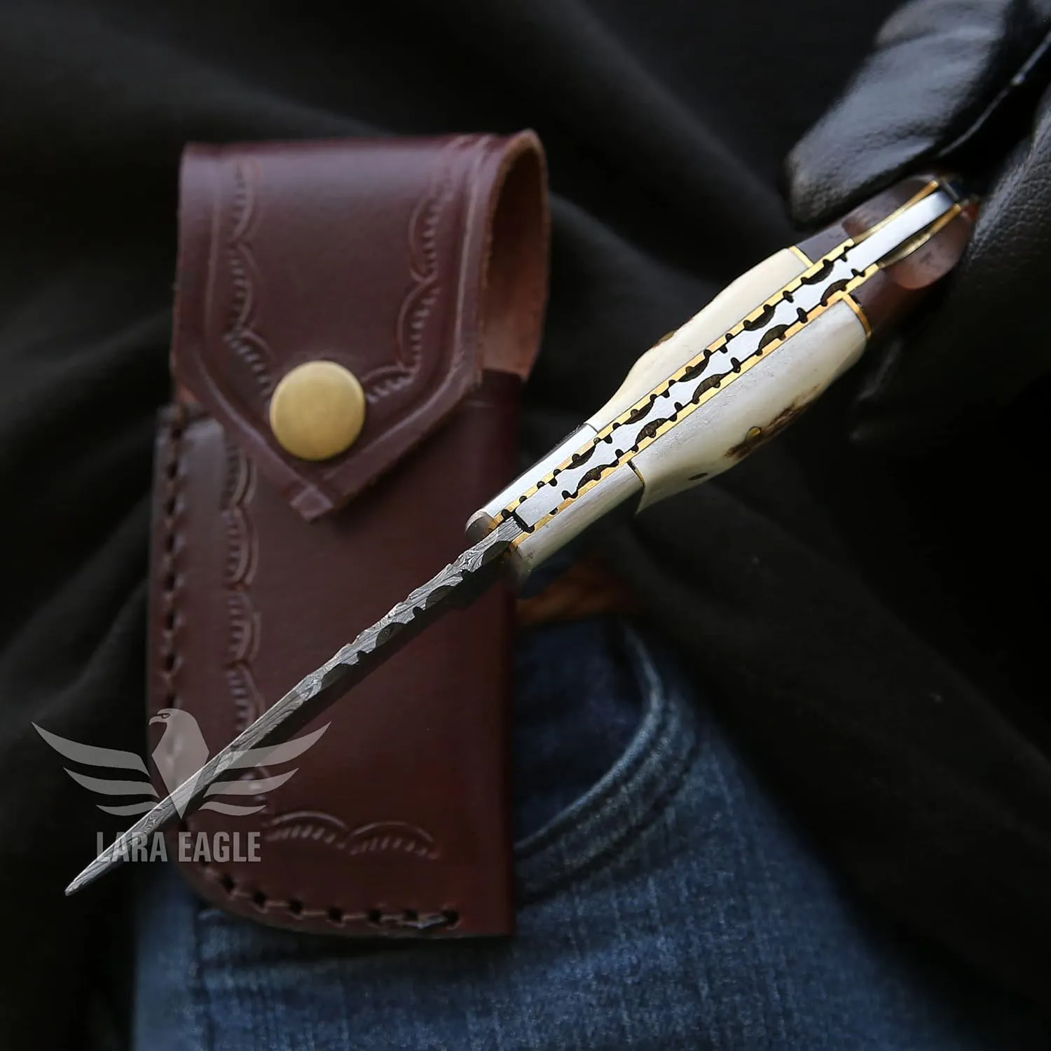 Damascus Pocket Knife for Men - 133 Layer Solid Steel Handmade Folding Hunting Knives with Sharpner and Leather Pouch - Best Knife for Camping Hunting Hiking - Father’s Day Gifts for Men Husband Dad
