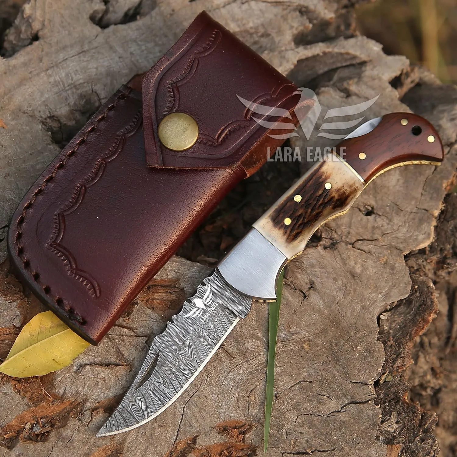 Damascus Pocket Knife for Men - 133 Layer Solid Steel Handmade Folding Hunting Knives with Sharpner and Leather Pouch - Best Knife for Camping Hunting Hiking - Father’s Day Gifts for Men Husband Dad