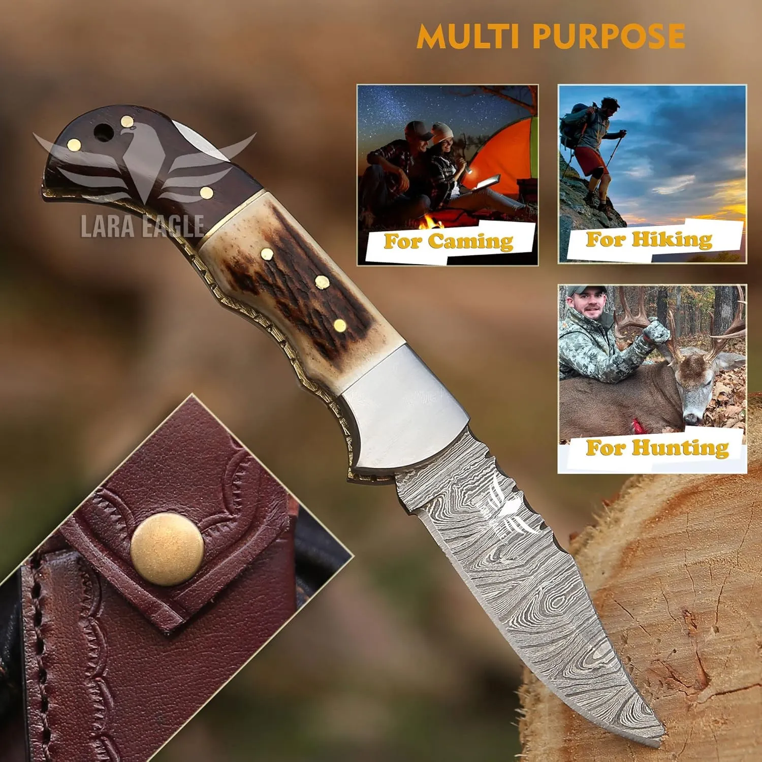 Damascus Pocket Knife for Men - 133 Layer Solid Steel Handmade Folding Hunting Knives with Sharpner and Leather Pouch - Best Knife for Camping Hunting Hiking - Father’s Day Gifts for Men Husband Dad